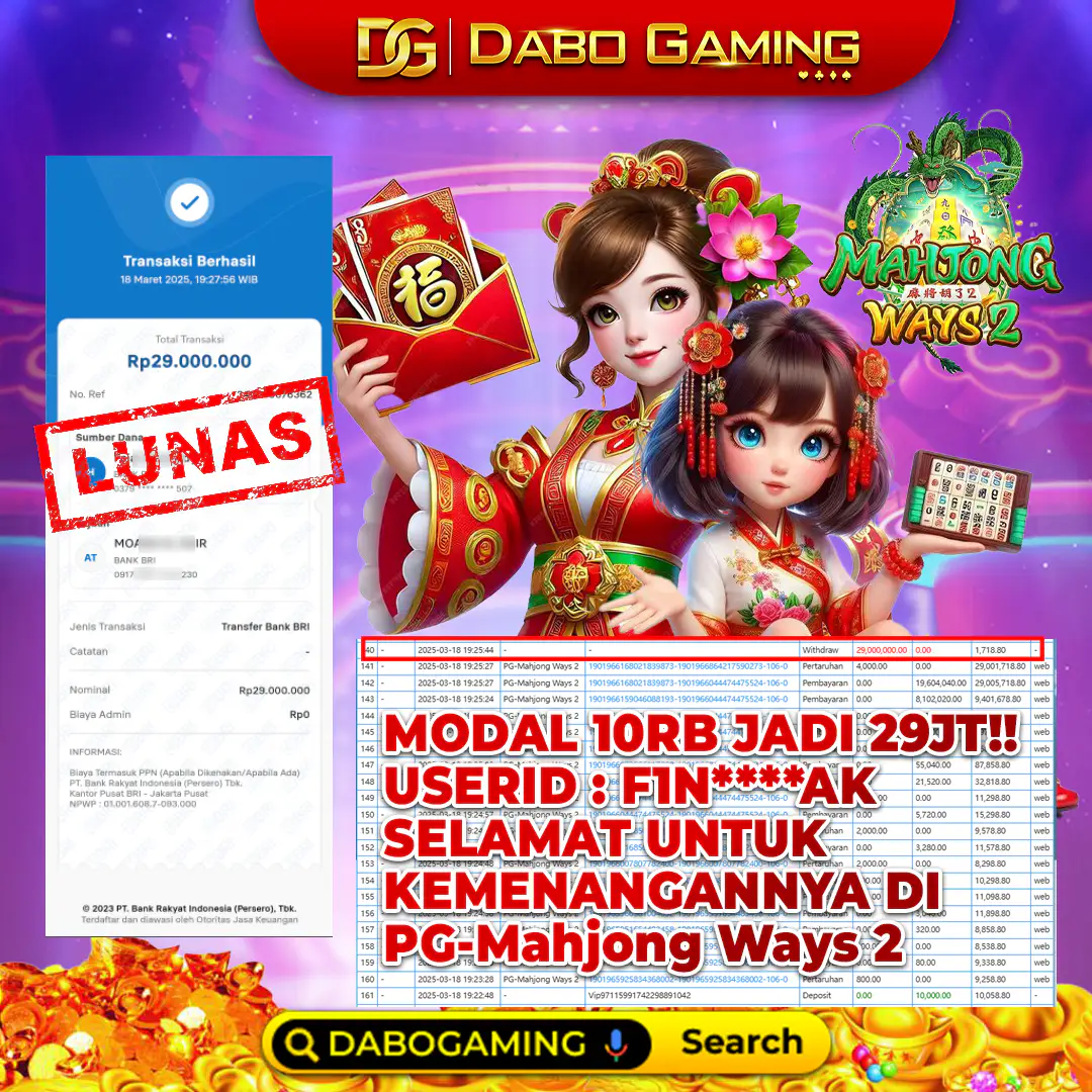 Selamat untuk User ID: FIN***AK atas kemenangan di PG - Mahjong Ways 2 💰 Withdraw Rp 29.000.000 SUDAH LUNAS! 🔥 Yuk, buktikan sendiri di Dabo Gaming sekarang juga!