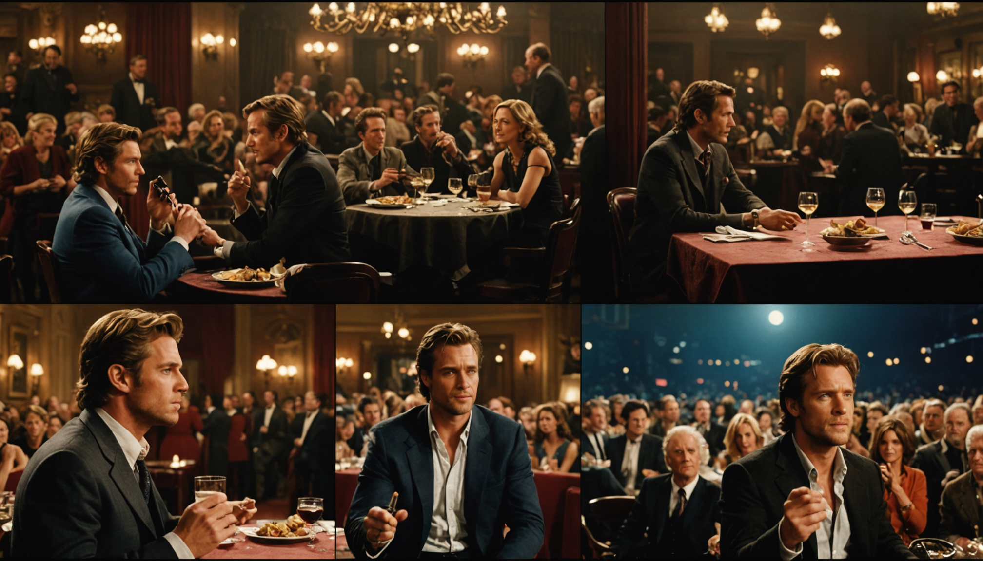 Iconic movie roles portrayed in vibrant cinematic settings.