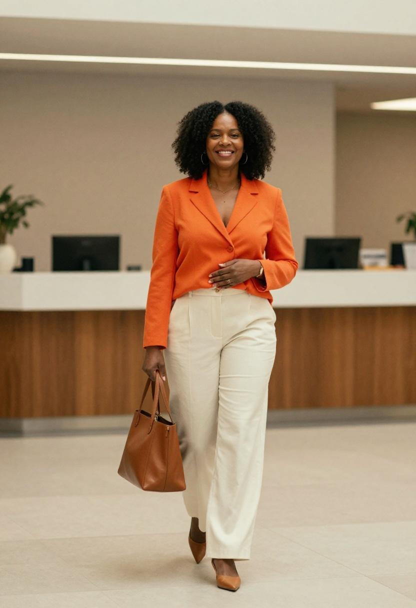 Tangerine orange blazer with wide-leg ivory trousers for women over 50