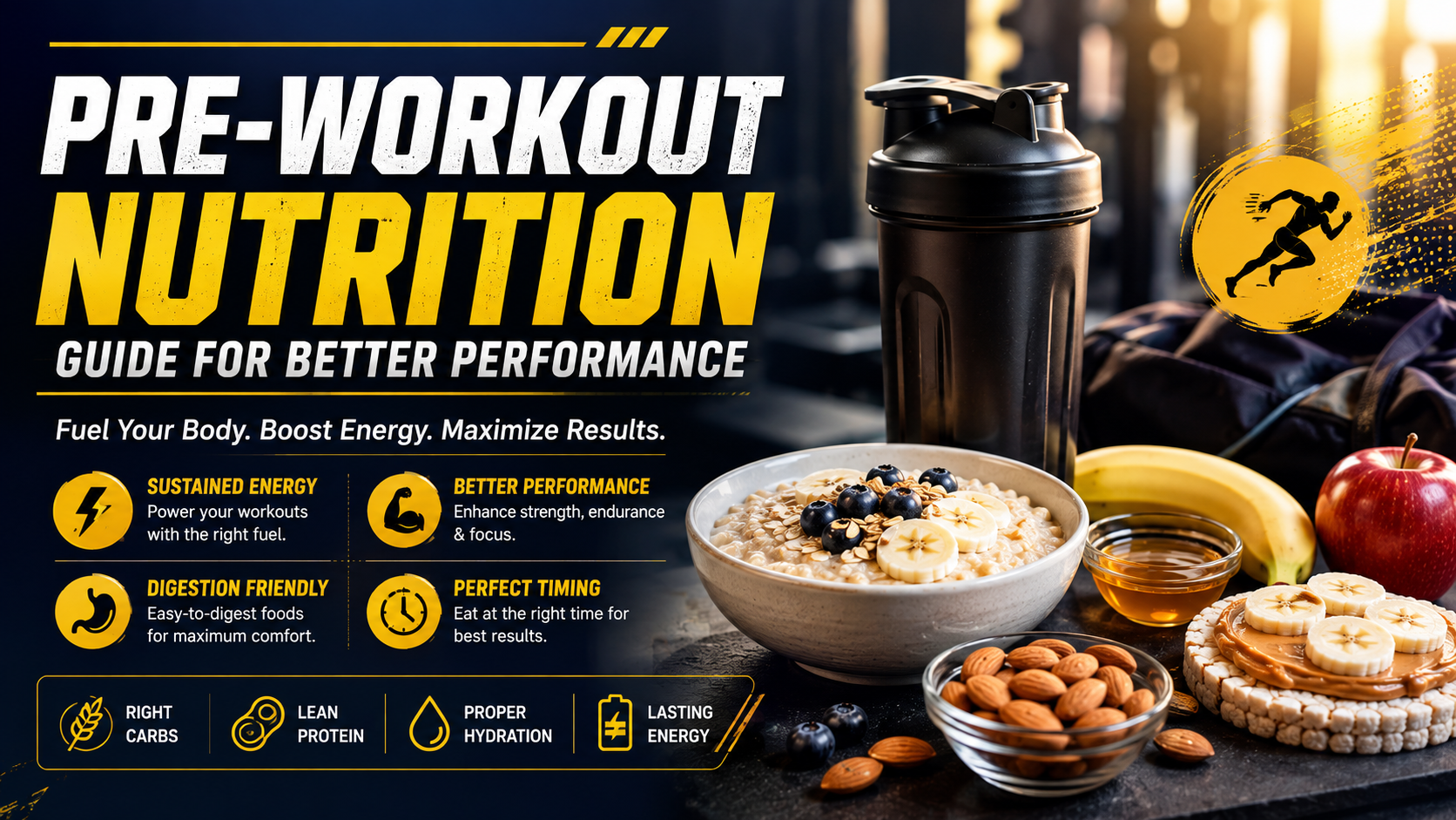 Pre-workout nutrition guide: banana, oats, honey and a protein shake laid out as fuel before training
