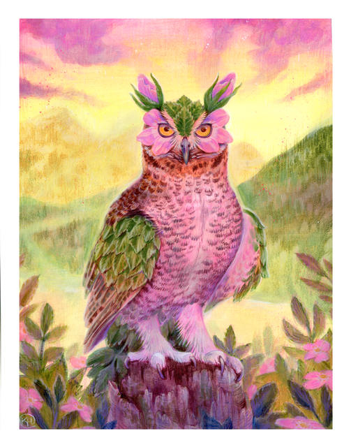 A pink owl with leafy ear tufts in a golden landscape