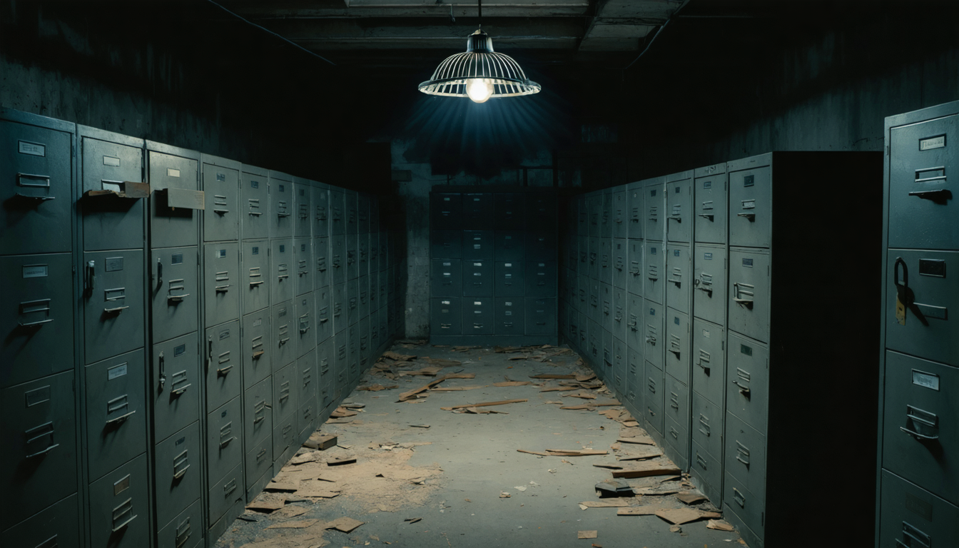 A row of gray steel file cabinets in a dim government basement, one drawer slightly ajar, harsh overhead light.