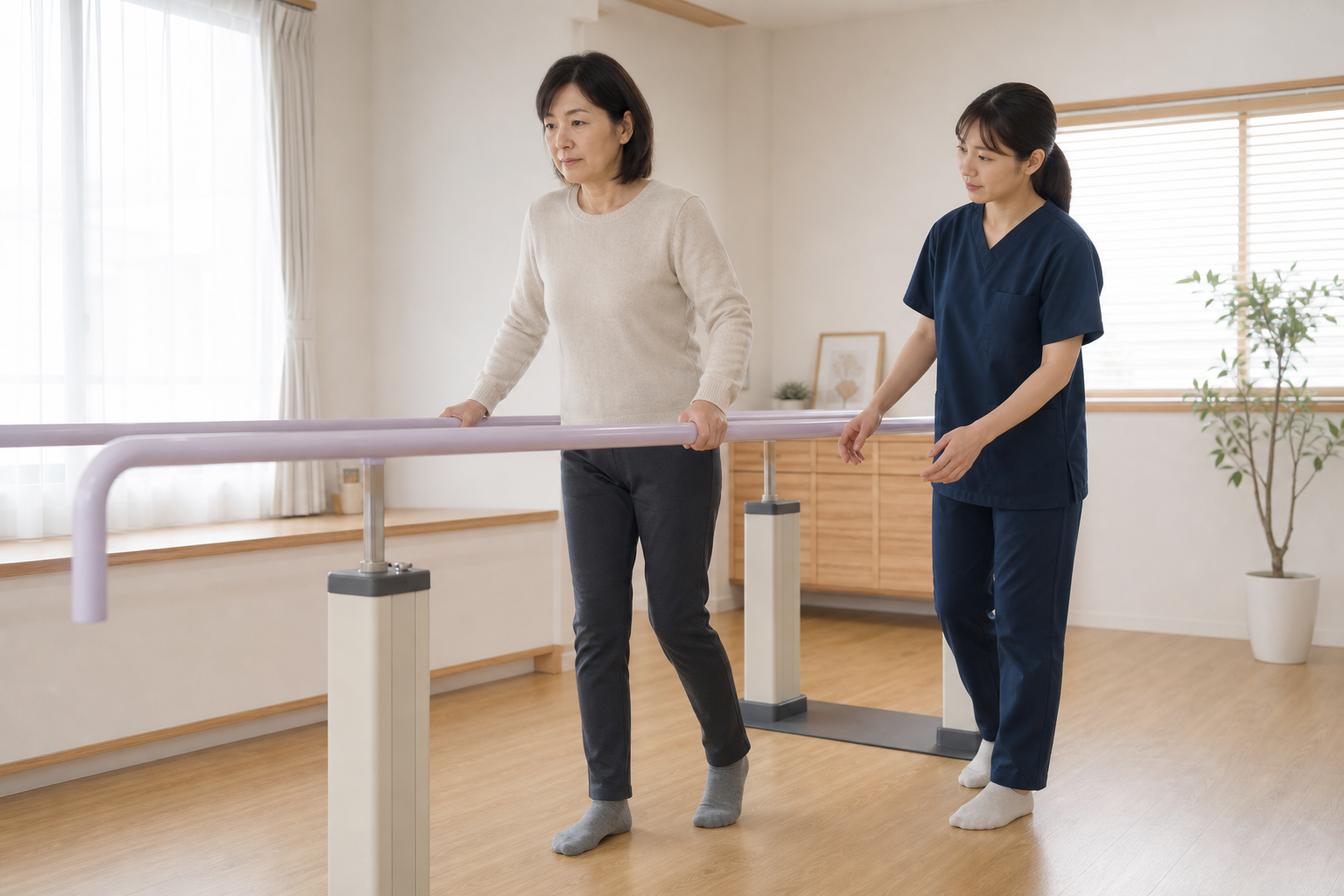 多発性硬化症のある成人が支持物と専門職の見守りのもとでバランス練習を行う様子