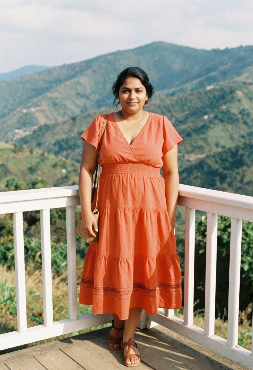 Plus size woman in tangerine smocked wrap dress with embroidered hem on a mountain porch