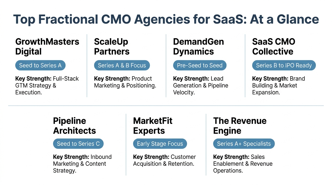 At-a-glance comparison grid of top fractional CMO agencies for SaaS showing stage fit, primary focus, and key strength for each agency