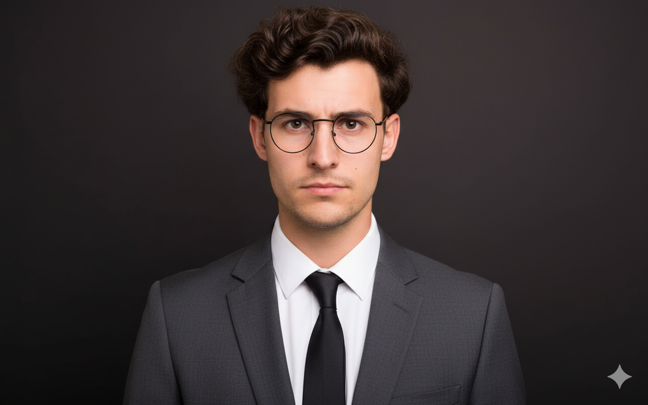 A sharp and confident professional headshot of a young man with dark, curly hair and round glasses, looking directly at the camera with a discerning expression. He is wearing a charcoal gray business suit with a white shirt and a solid dark tie, against a solid dark gray studio backdrop. Crisp, diffused studio lighting creates a clear catchlight in his eyes. The focus is sharp on his eyes, with a shallow depth of field and soft bokeh, emphasizing the suit fabric, his hair, and natural skin texture