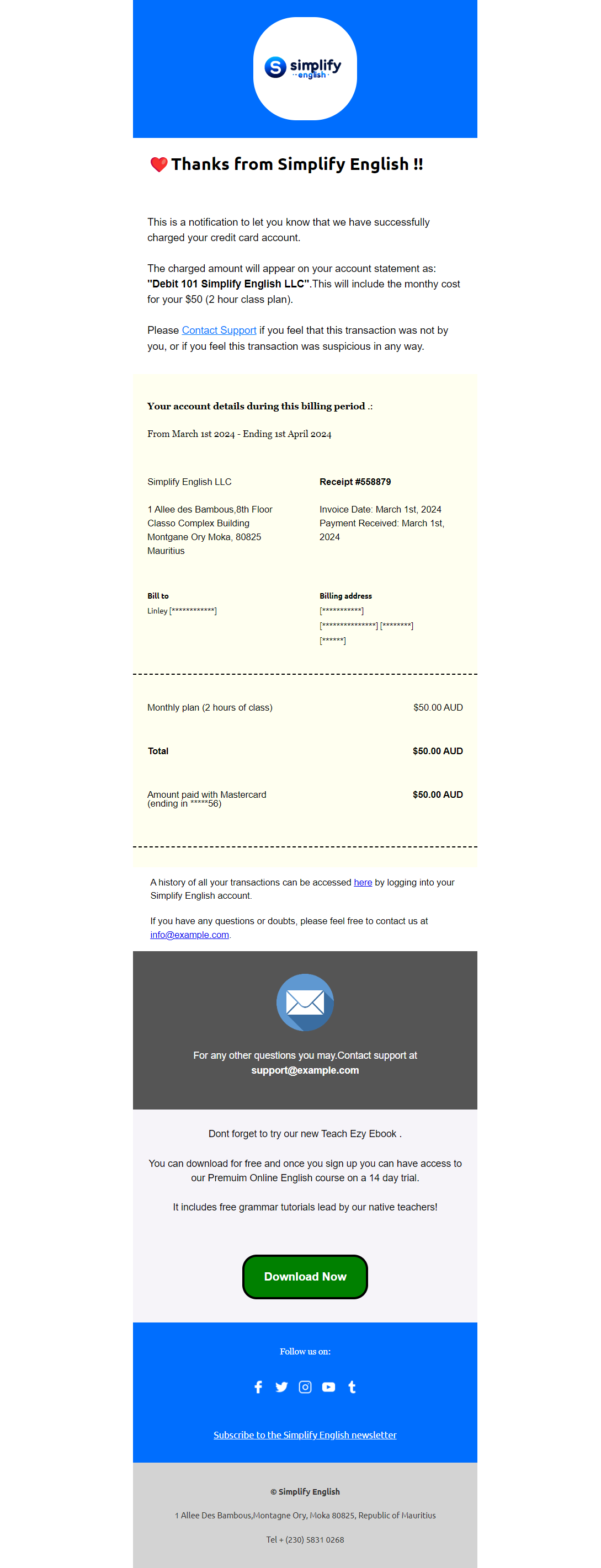 Simplify English payment notification receipt preview