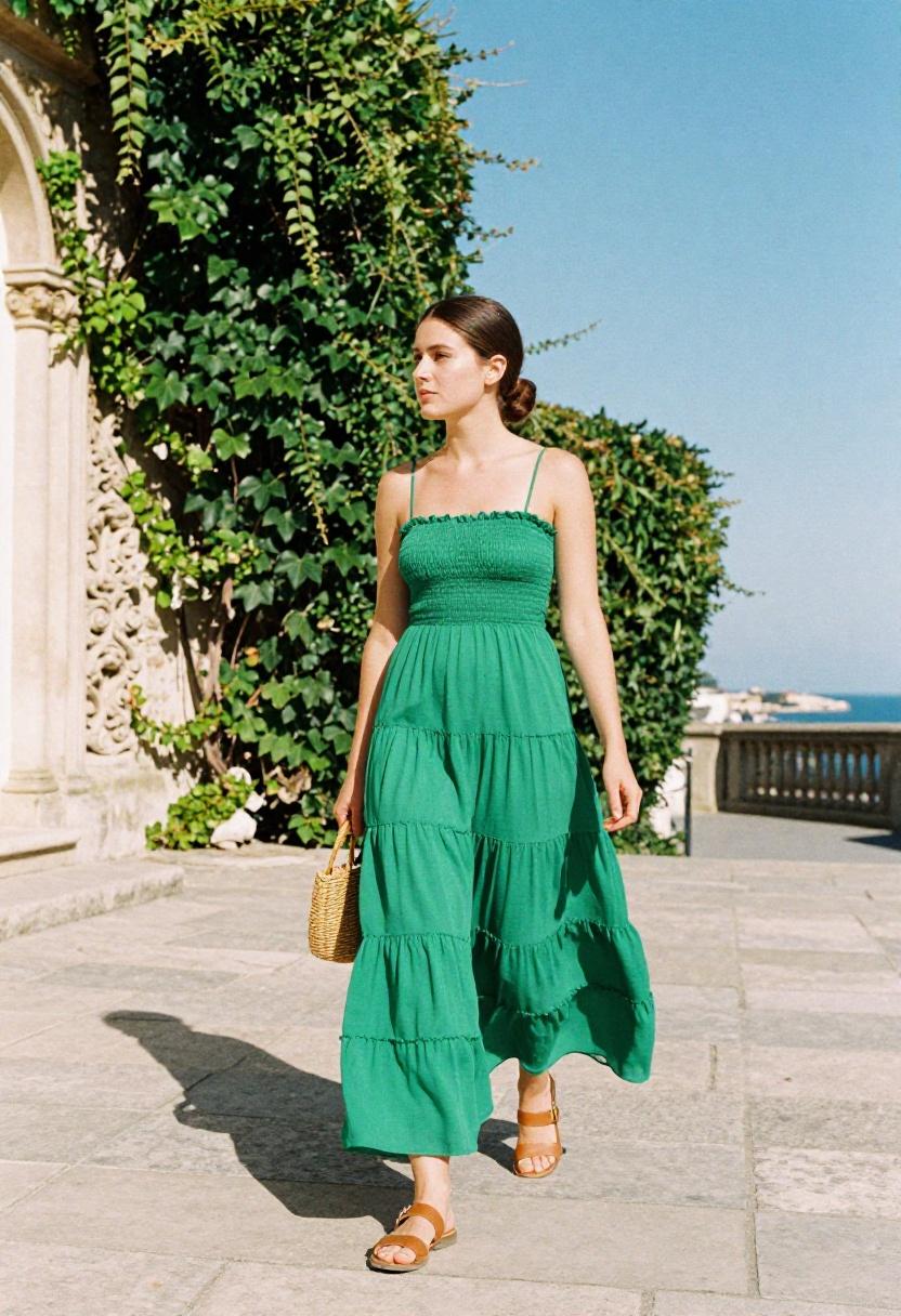 Emerald tiered chiffon maxi dress for Easter Sunday stroll