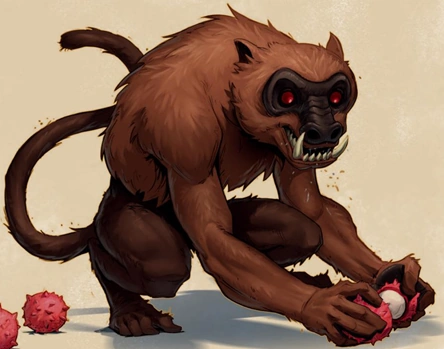 Hog monkey opening a lychee nut.webp