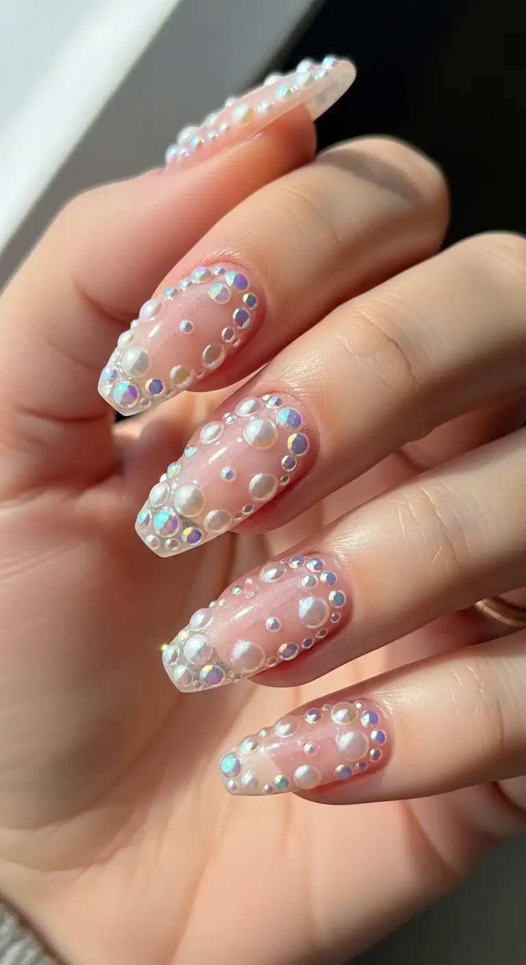 Sheer Pink Mermaid Pearl Squoval Nails
