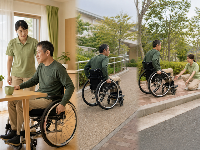 車椅子スキルトレーニングの屋内・地域・応用の3段階を練習する様子