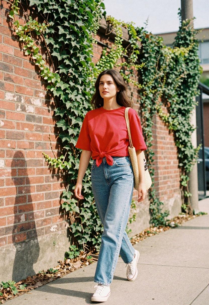 Woman in knotted poppy-red vintage baseball tee and mom jeans strolling the spring stadium exterior