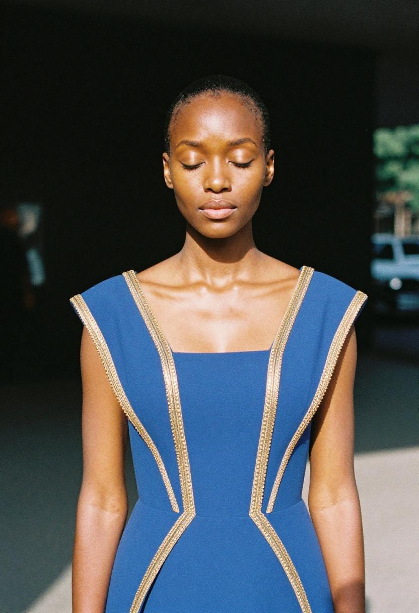 Cobalt blue architectural gown with gold trim channeling high-fashion red carpet power for women who command any room