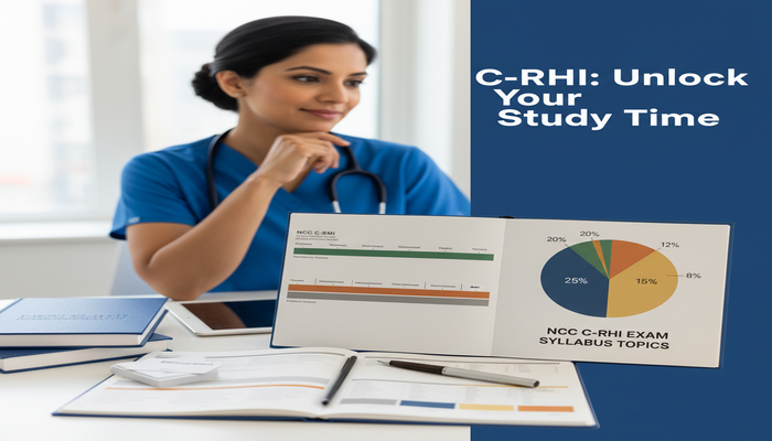 C-RHI: Unlock Your Study Time A focused professional nurse reviewing a strategically organized digital study planner displaying a color-coded time allocation breakdown for the NCC C-RHI exam, emphasizing smart time management for success.