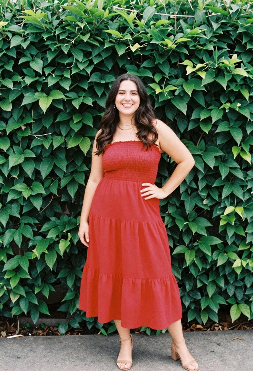 Cherry red tiered ruffle midi dress worn against a green hedge backdrop
