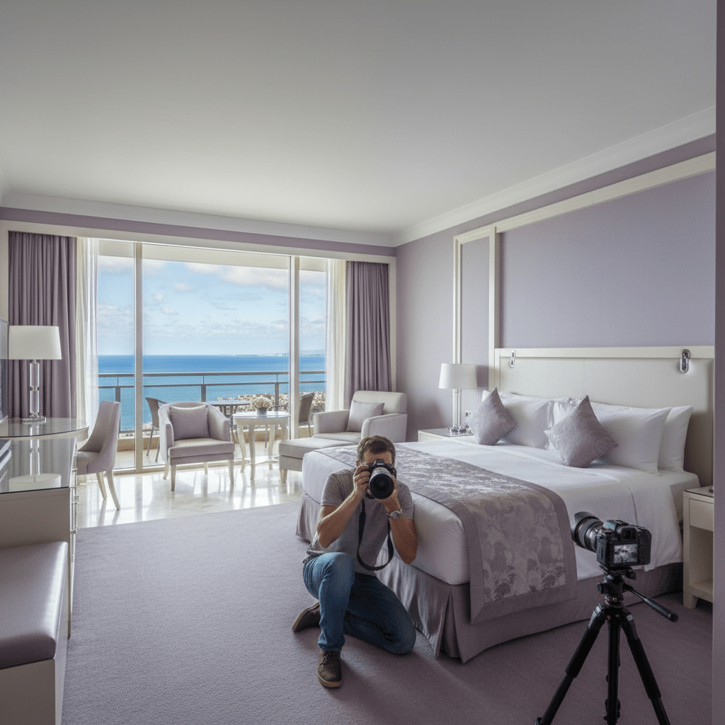A photographer capturing a sunlit hotel suite with window light and polished interiors