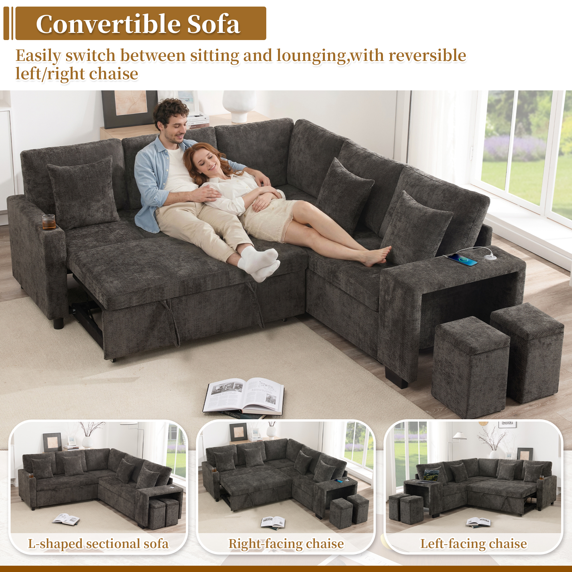 Canapé d'angle convertible beige en situation