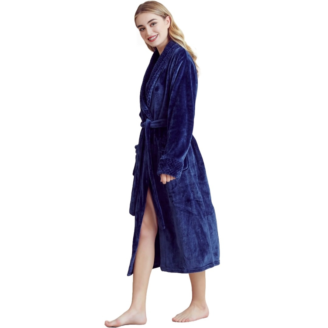Women Plush Shawl Collar Robe, Fleece Bathrobe, Navy (S/M) view 4