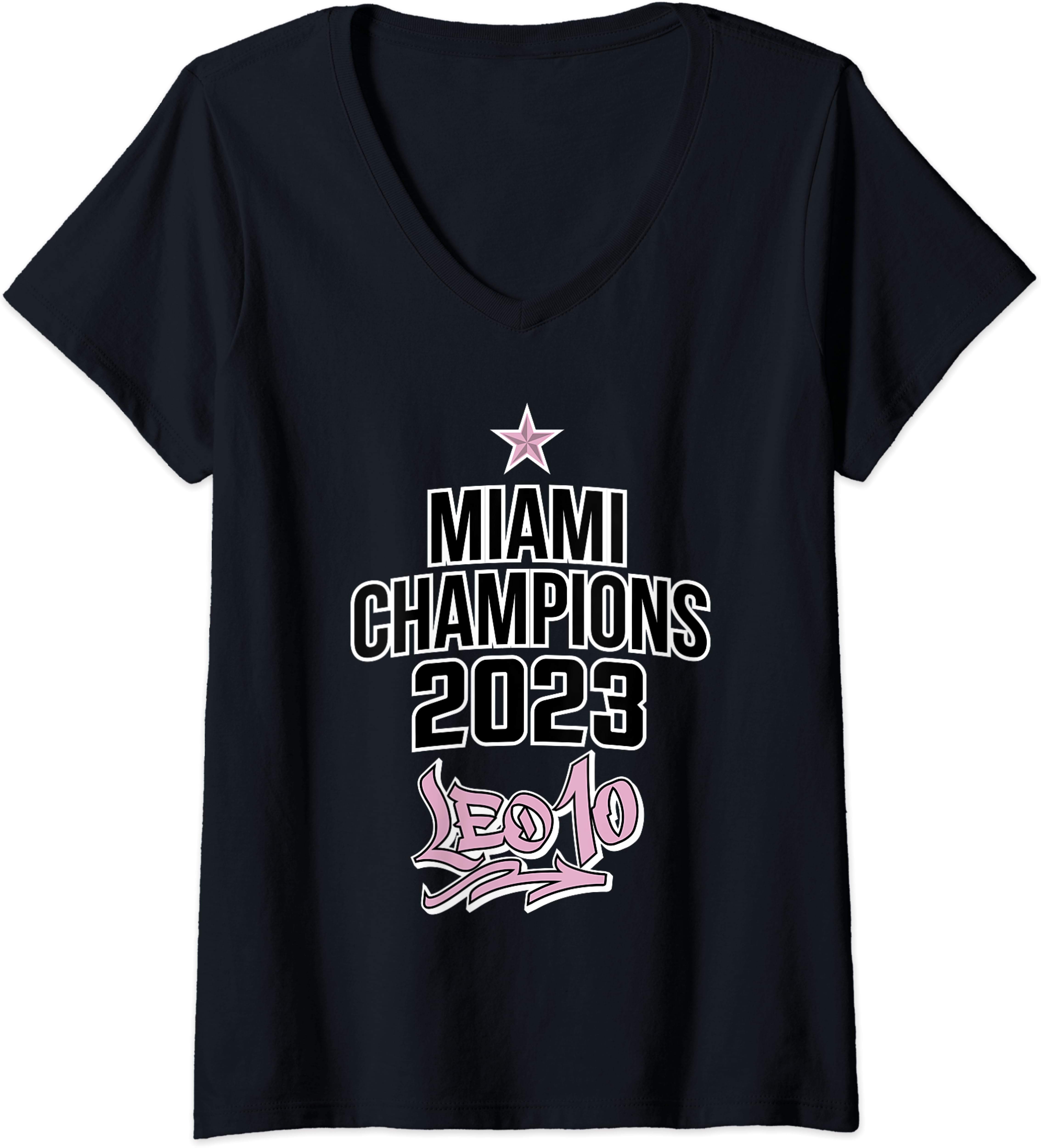 Miami Champions 2023 Leo 10 Goat Messi Fan Ladies’ V-Neck Tshirt