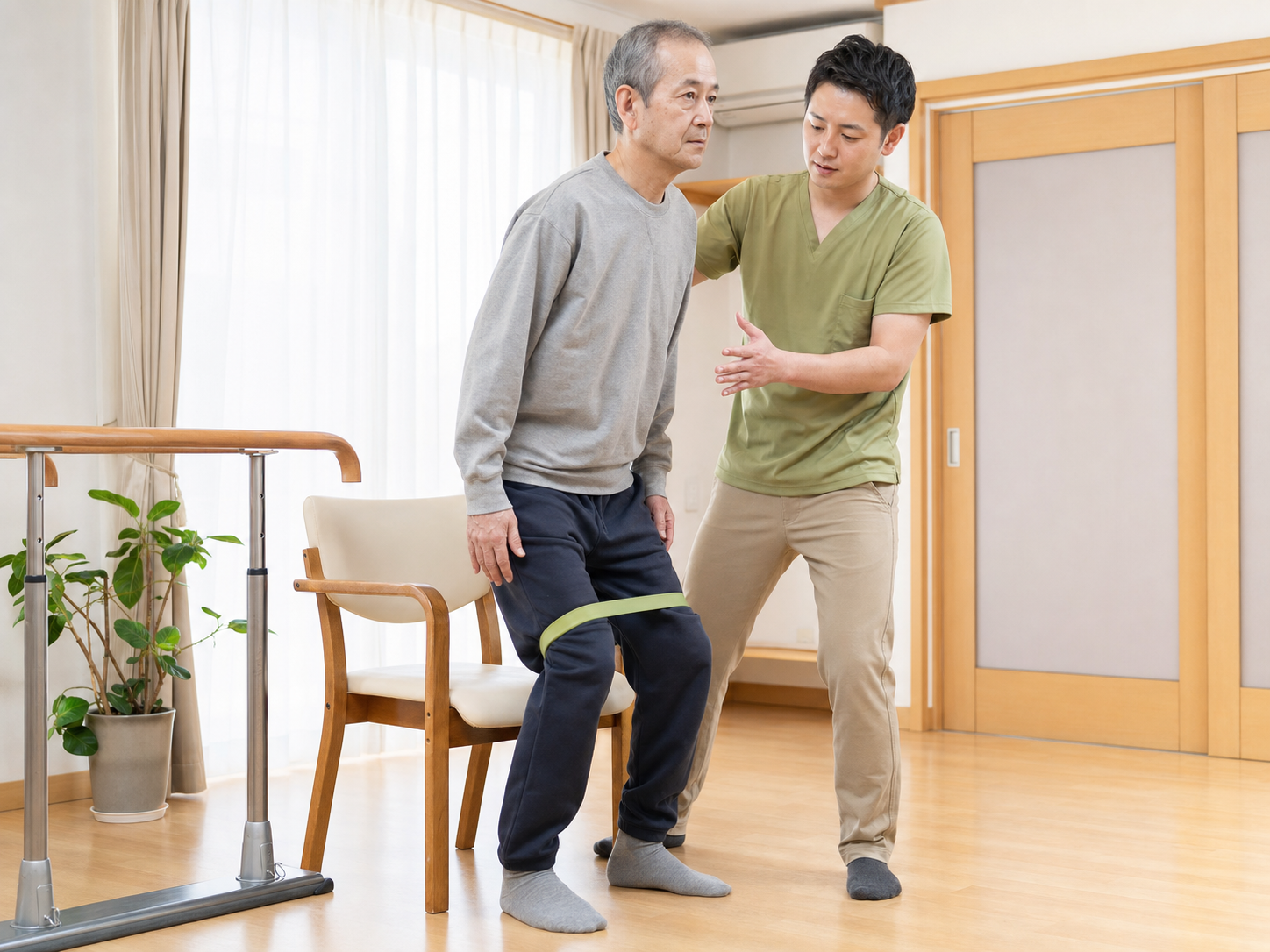 専門職の見守りのもと椅子から立ち上がる筋力トレーニング