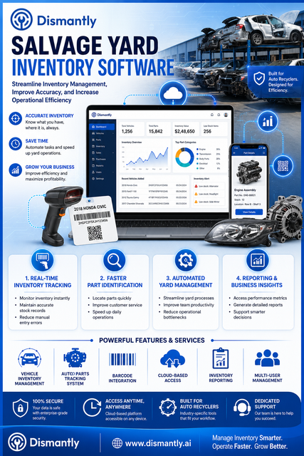 Modern auto recycling and salvage operations require accurate inventory control to stay competitive in a fast-moving industry. Dismantly offers innovative management tools that help businesses organize parts, monitor stock levels, and simplify yard operations. Using salvage yard inventory software, companies can gain better visibility into available inventory while reducing the time spent on manual tracking. Improved organization leads to quicker sales, enhanced customer experiences, and more efficient resource utilization. Businesses can manage growing inventories with greater confidence while maintaining operational accuracy. Transform the way your yard operates and unlock greater efficiency with Dismantly.

Visit Now- https://www.dismantly.ai/product