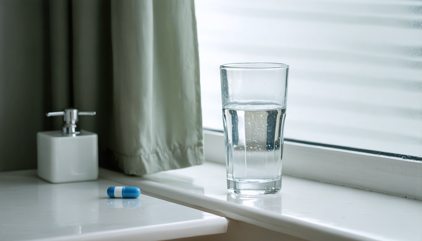 A single pharmaceutical capsule resting on a bathroom shelf beside a glass of water, soft morning light from a window.