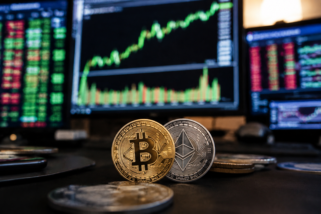 Bitcoin and Ethereum cryptocurrency coins on a digital trading desk with green upward charts on multiple monitors, warm lighting, profession