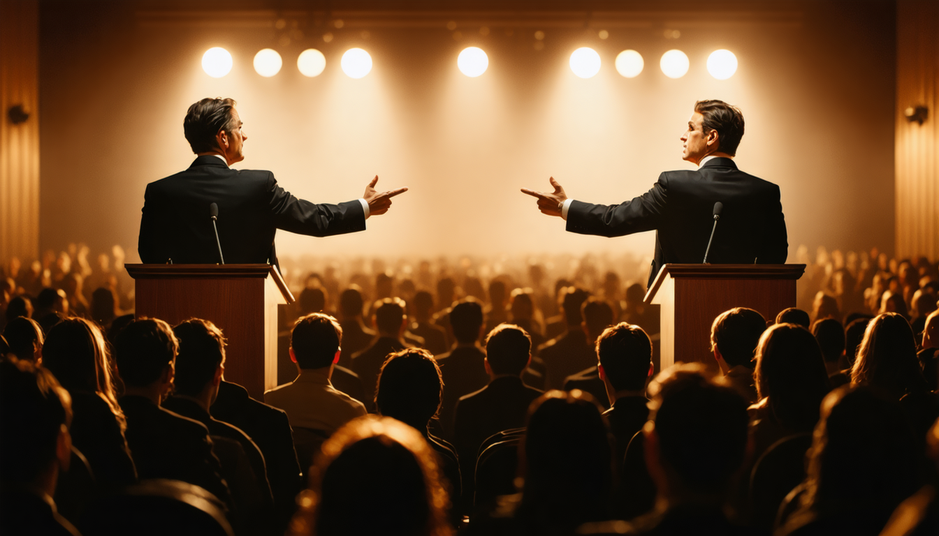 Two men standing at podiums facing each other, gesturing past one another, with an audience visible in the background.