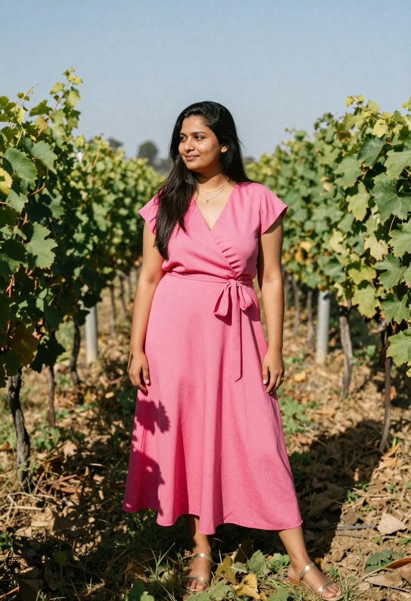 Plus size woman in fuchsia pink wrap dress in flowing silk-feel fabric at vineyard