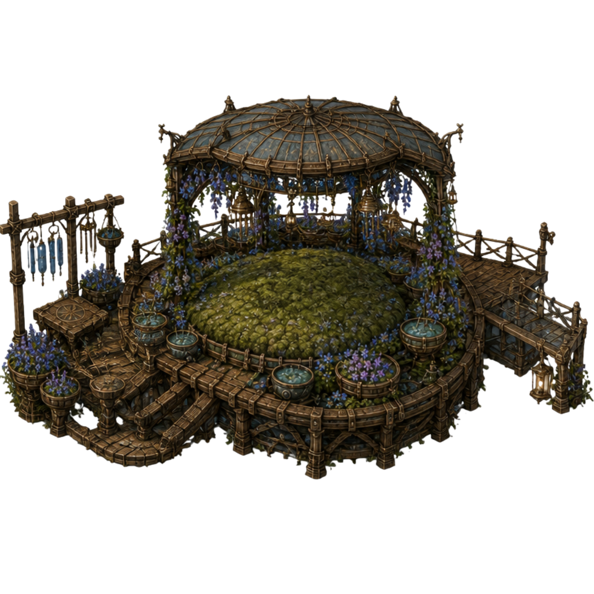 Mica's bluebell perch with flowers, resting space, water vessels, and wooden platforms.