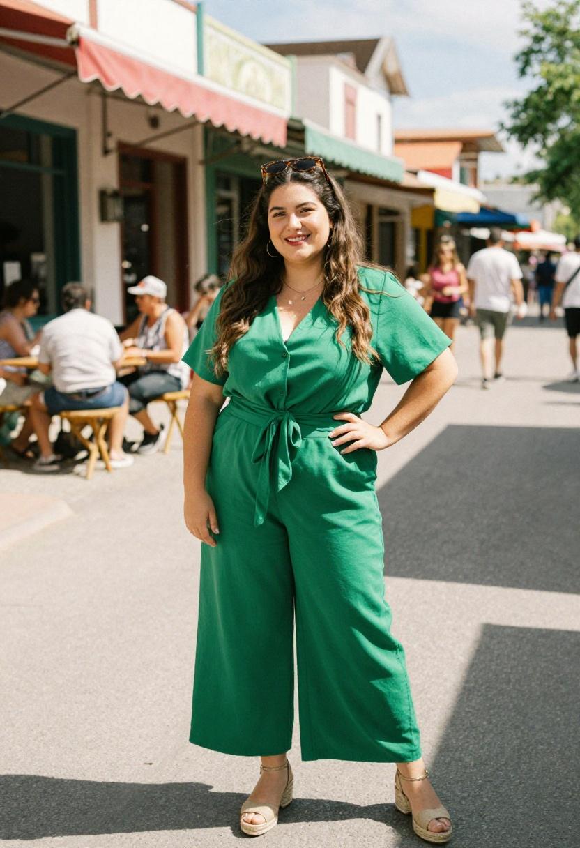 Plus size woman in emerald green tied-front co-ord set with espadrilles for a vacation-ready spring look