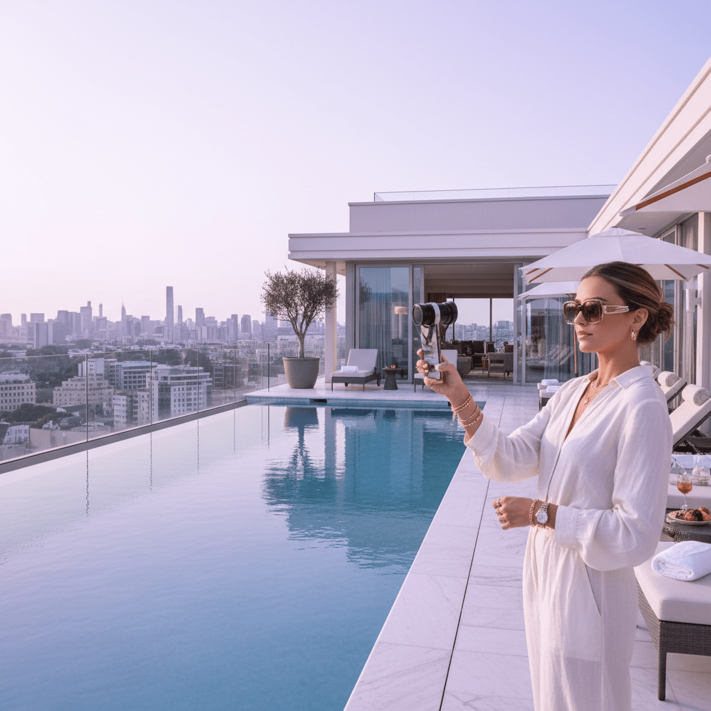 Hotel influencer filming a rooftop pool and suite balcony