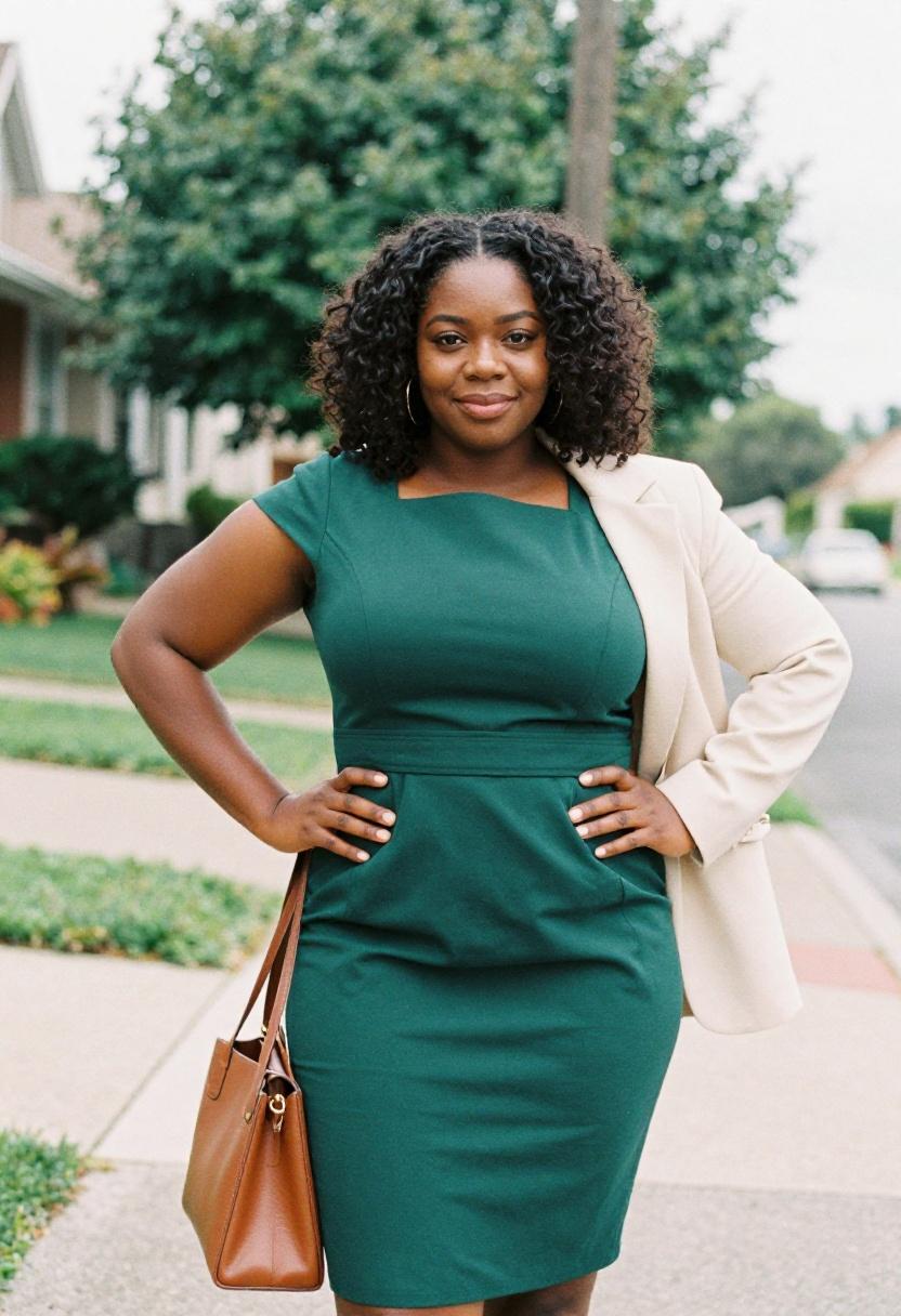 Plus size woman in emerald green midi dress with ivory blazer for quiet luxury everyday dressing