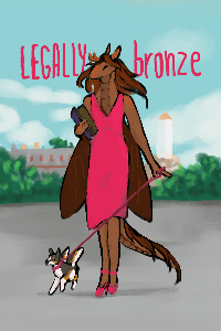 The poster of Legally Bronze shows a Veilspun wearing a dress and walking her tri-color Hainu.