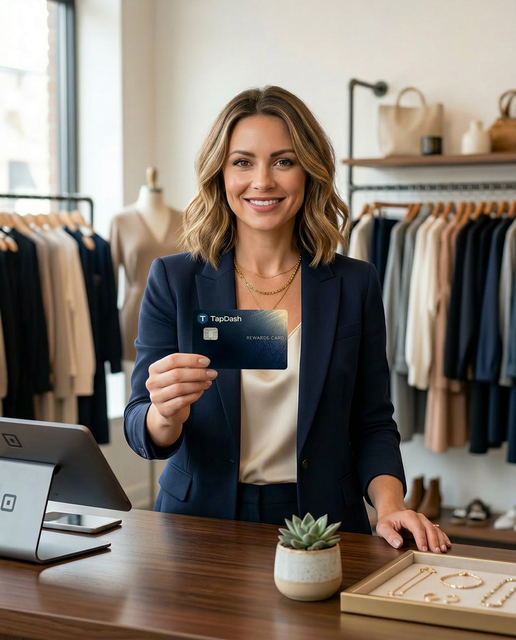 Sarah, Boutique Owner, using a TapDash Rewards Card