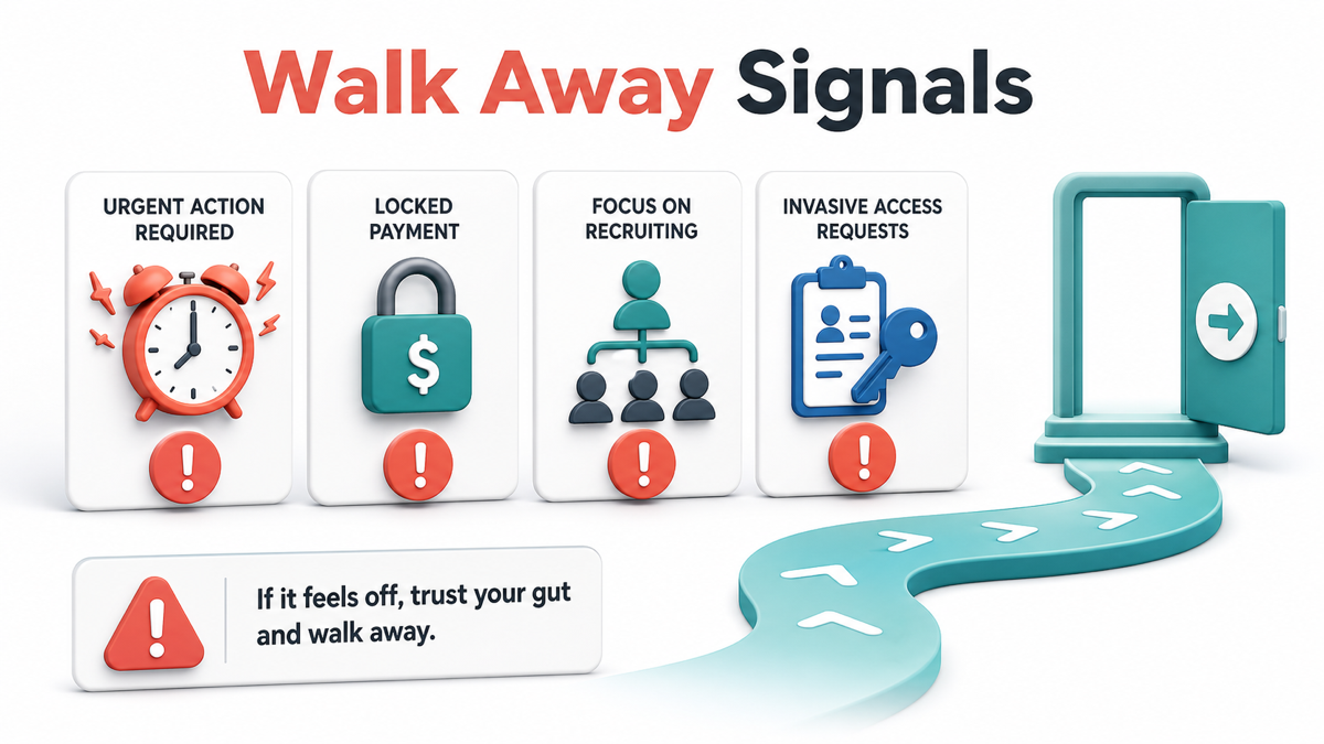 Walk away signals including urgency, locked payment, recruitment focus, and invasive access requests