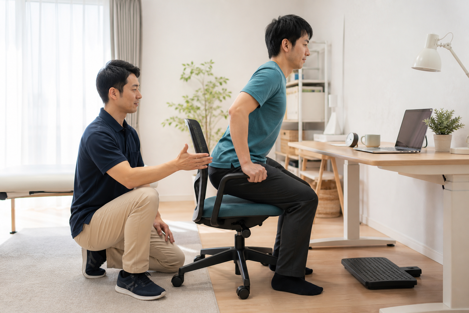 腰痛のある方が支援を受けながらデスク動作と立ち上がりを練習する様子