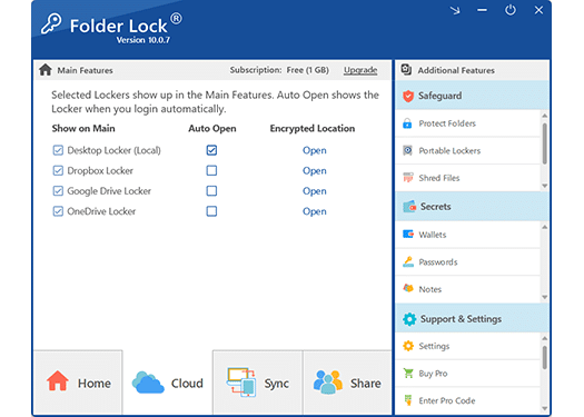 Folder Lock cloud features screen showing secure locker and sync options