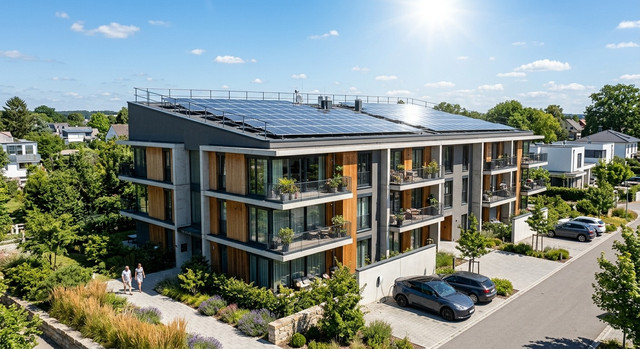 A modern residential building with solar panels on the roof under a bright sun.
