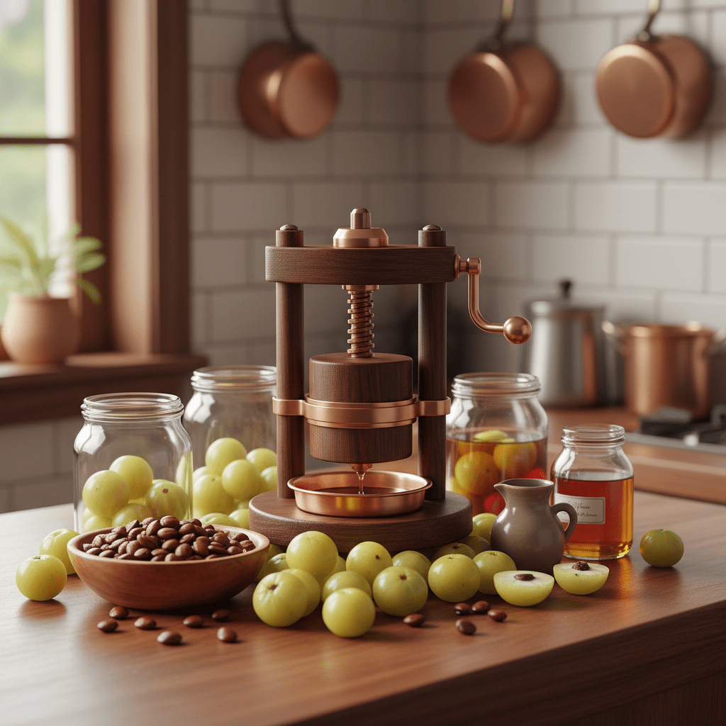 Clean kitchen setup with amla fruits, seeds, jars, and a small oil press