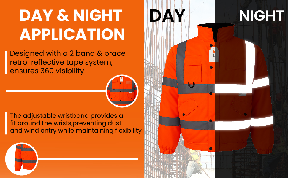 Hi-Vis Padded Bomber Jacket Night Visibility 360 Reflective