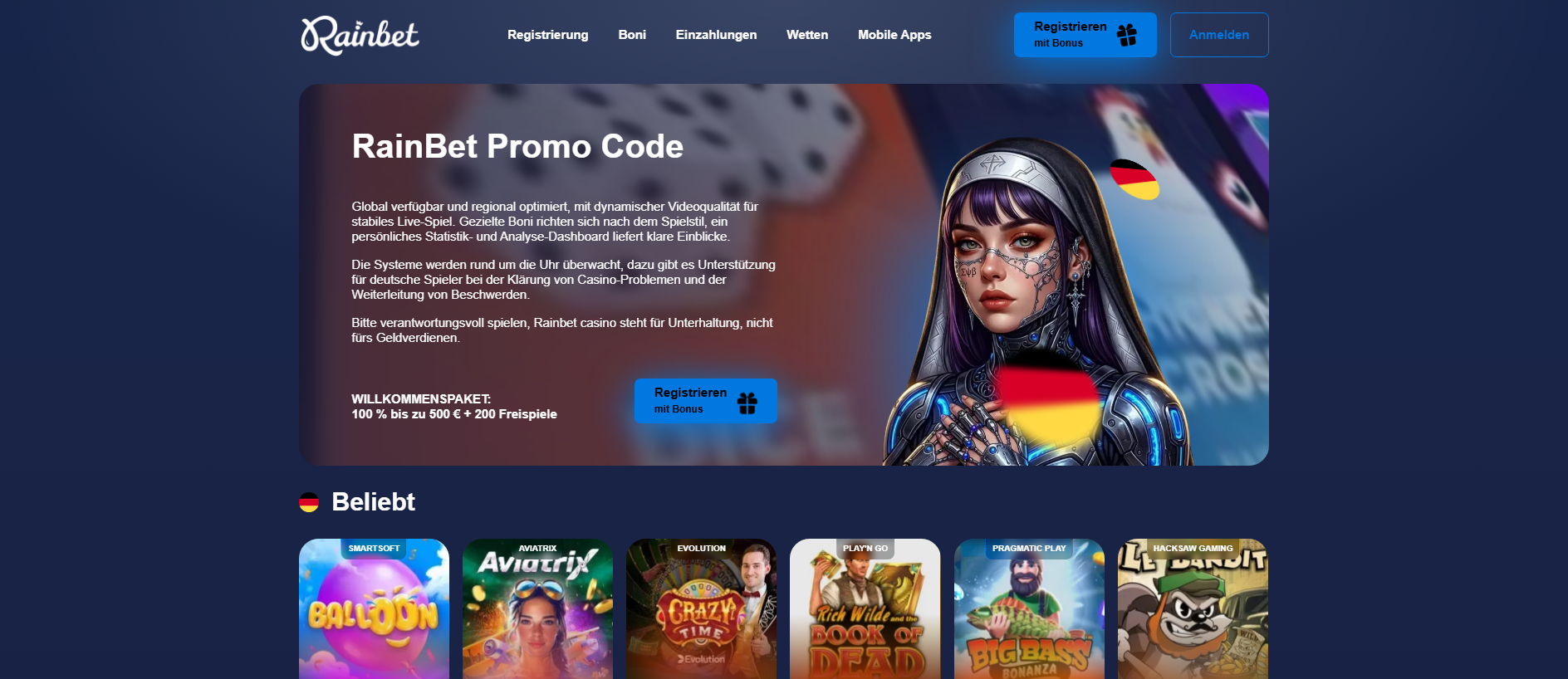 Forensic screenshot of rainbetpromocode.de showing the phishing page layout