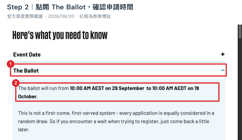 The Ballot 展開畫面,紅框標示按鈕及9月29日至10月19日的申請時段