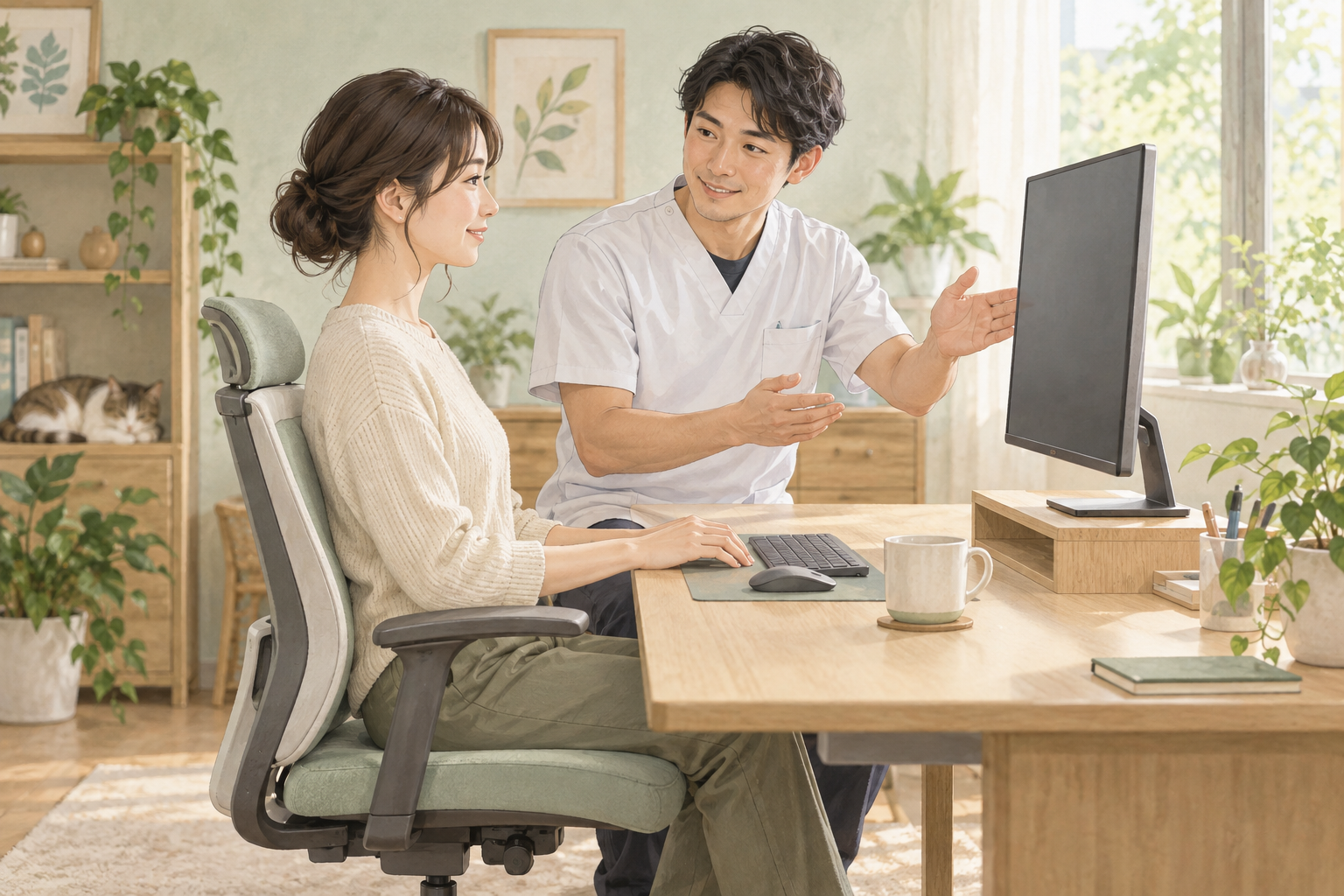 仕事中の姿勢や休憩の取り方を相談する場面