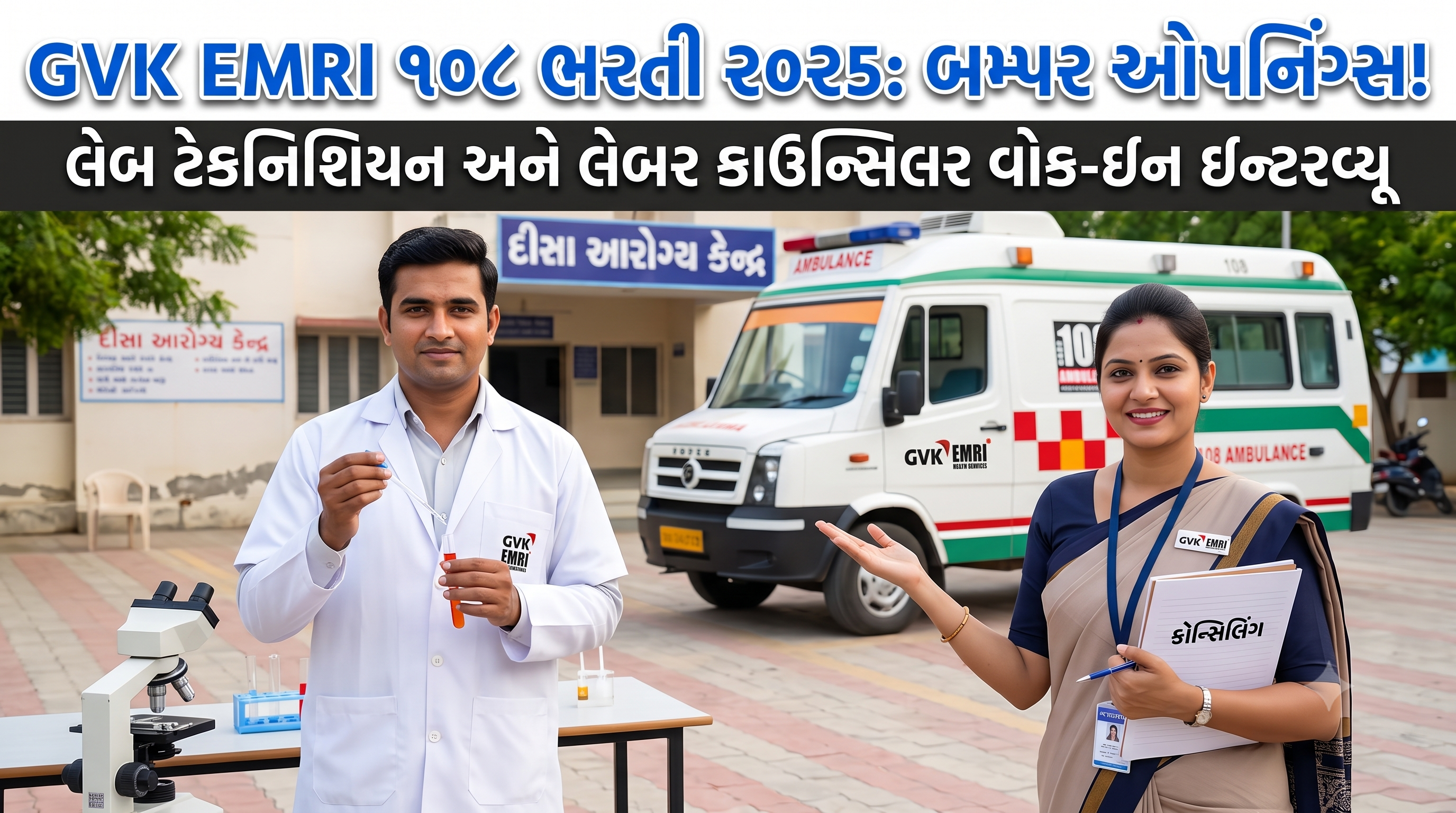 GVK EMRI 108 (આરોગ્ય સંજીવની) Bharti 2026: લેબ ટેકનિશિયન અને લેબર કાઉન્સિલર માટે ઇન્ટરવ્યૂ