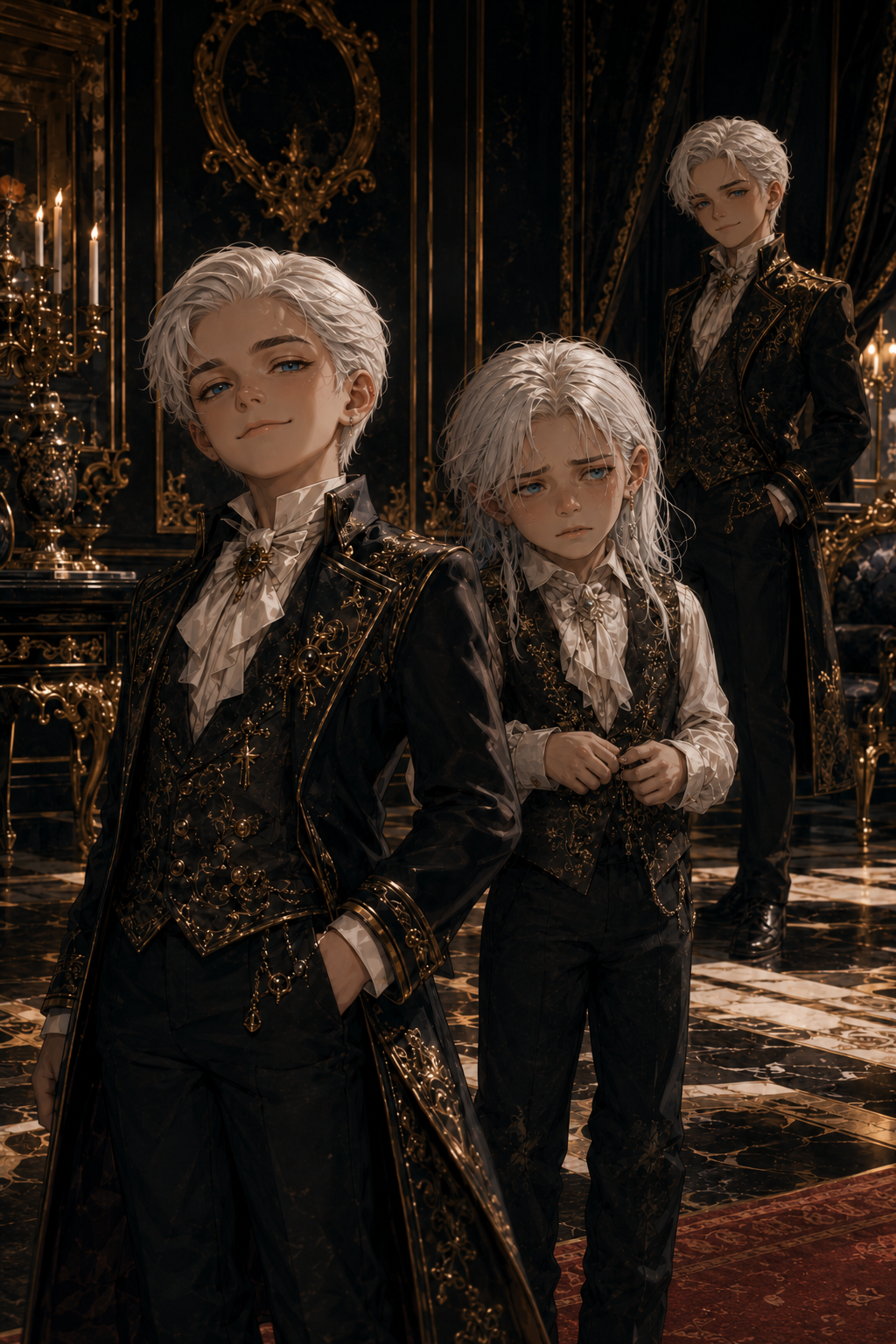 Young Apollo, young Landon, and an older Serpentine figure in a black and gold family room.