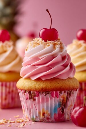 Bahama Mama Cupcakes: Tropical Pineapple-Coconut Cupcakes with Cherry-Rum Buttercream