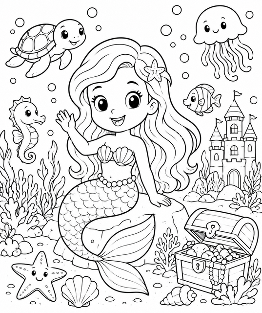 Magical Mermaid Ocean Adventure Colouring Sheet