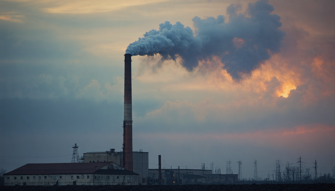 A tall industrial smokestack releasing pale smoke into a hazy orange sky, seen from below.