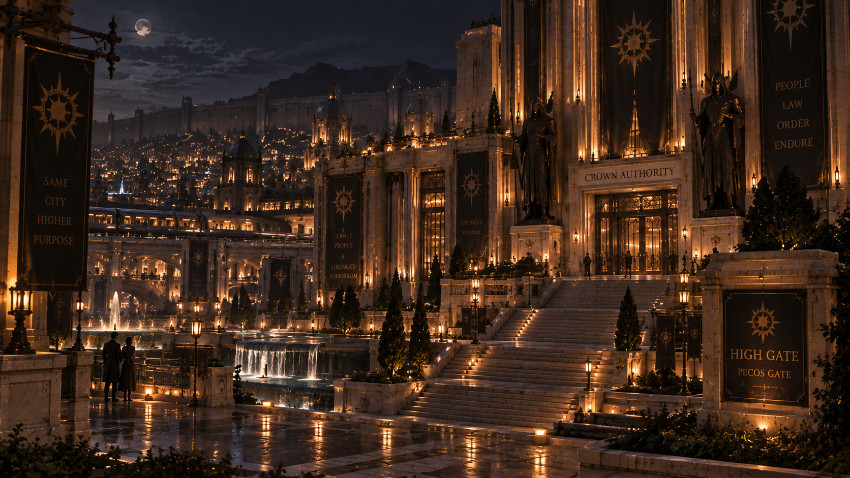 High Gate civic district at night, illuminated by amber architectural lighting.